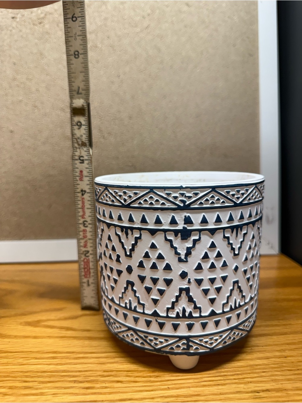 Handcrafted White Ceramic Planter with Navy Geometric Motif